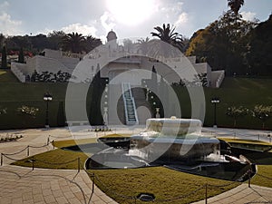 Fountain of the BahÃÂ¡Ã¢â¬â¢ÃÂ­ Gardens in Haifa photo